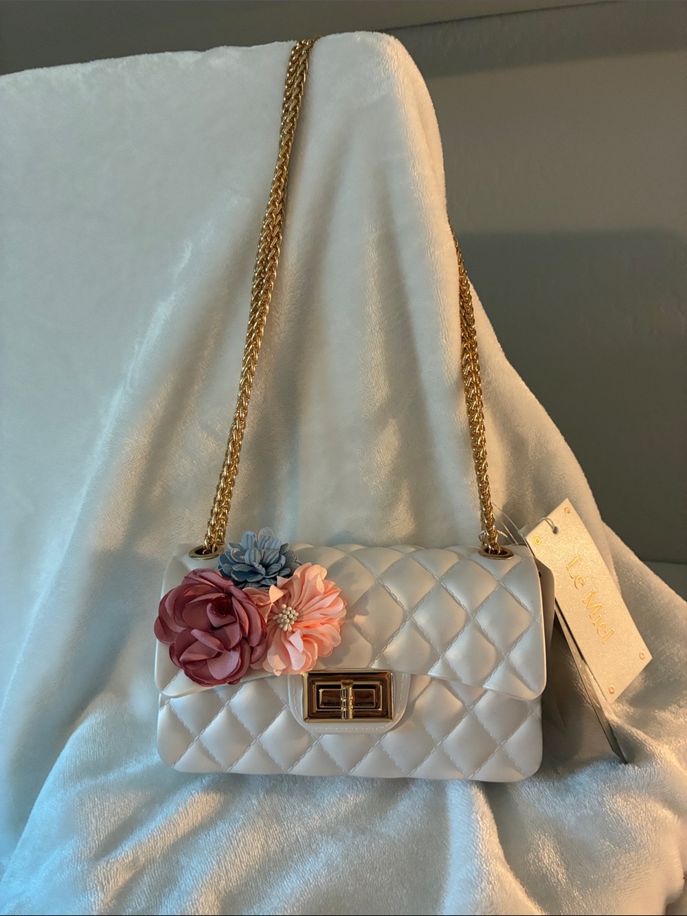 Le Miel Cream Shoulder Bag with Floral Accent and Gold ChainNWT